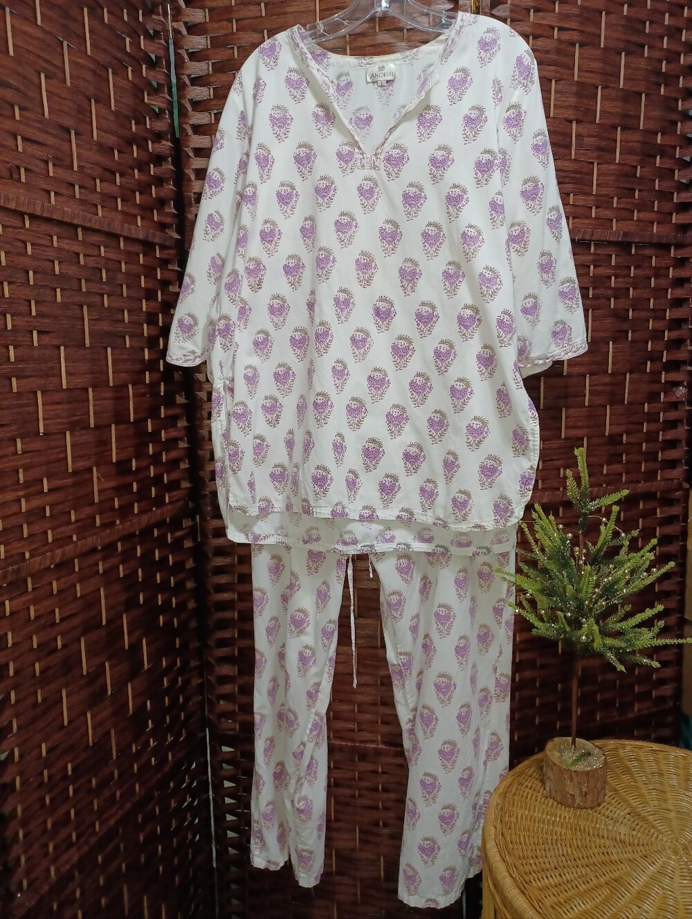 Light Cream Lounge Set with Lavender Paisley Print